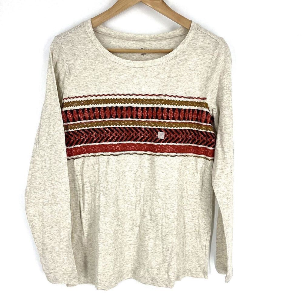 Loft Outlet T Shirt Size Small Gray Striped Long Sleeve Knit Top Crew Neck